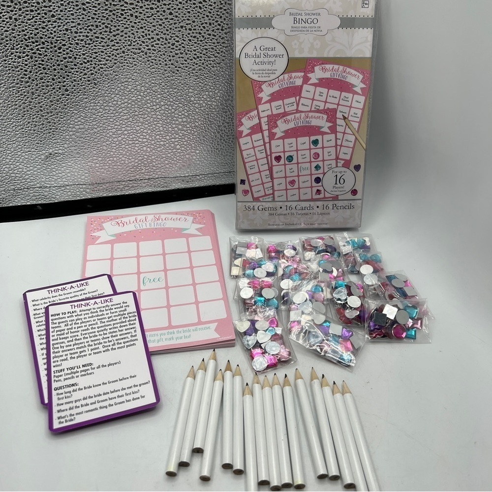Amscan Deluxe Bridal Shower Party Bingo Activity Set Games Cards Gems Pencils